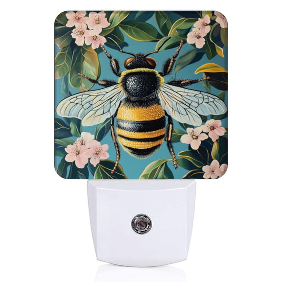 Square LED Night Lights Lamp with Dusk to Dawn Sensor, Exquisite Nature - Themed Bee Night Light Plug Into Wall for Kids Room, Bedroom, Bathroom, Kitchen, Hallway