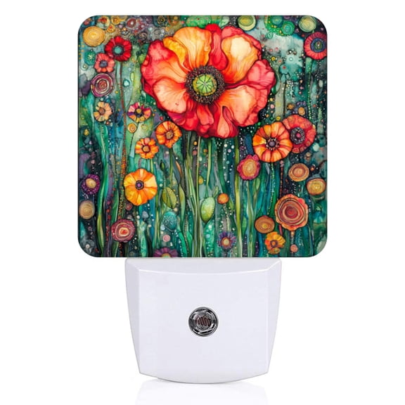 Square LED Night Lights Lamp with Dusk to Dawn Sensor, Exquisite Petal - Rich Poppy Night Light Plug Into Wall for Kids Room, Bedroom, Bathroom, Kitchen, Hallway