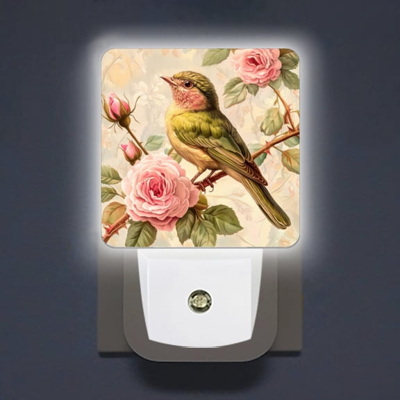 Square LED Night Lights Lamp with Dusk to Dawn Sensor, Exquisite Petal - Surrounded Bird Night Light Plug Into Wall for Kids Room, Bedroom, Bathroom, Kitchen, Hallway