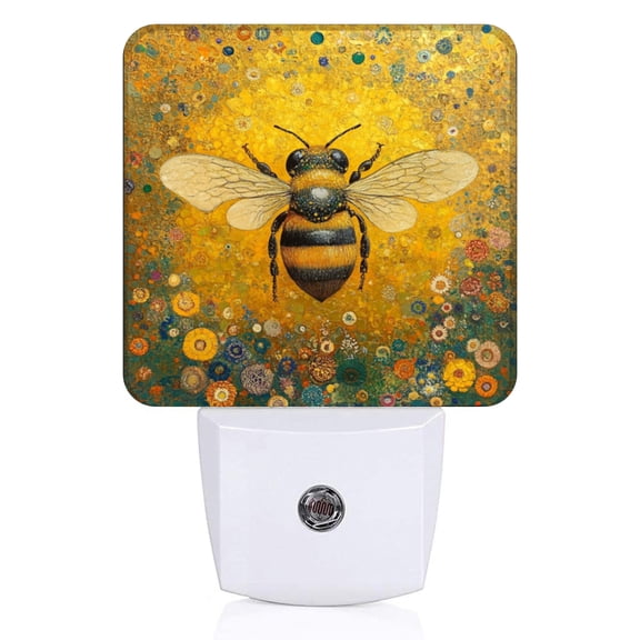Square Light Sensor of LED Night Light, Golden Bee In Floral Galaxy Night Light Plug Into Wall for Kids Room, Bedroom, Bathroom, Kitchen, Hallway