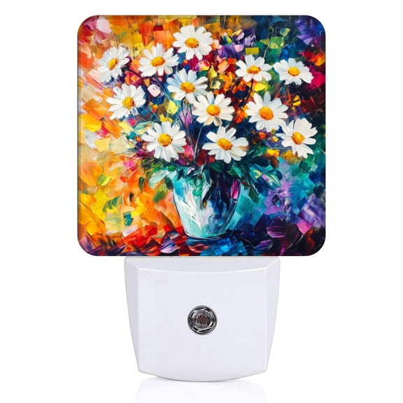 Square LED Night Lights Lamp with Dusk to Dawn Sensor, Gorgeous Daisy - Bouquet Canvas Night Light Plug Into Wall for Kids Room, Bedroom, Bathroom, Kitchen, Hallway