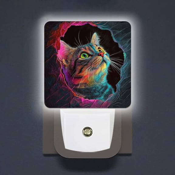 Square LED Night Lights Lamp with Dusk to Dawn Sensor, Gorgeous Neon - Hued Kitty Night Light Plug Into Wall for Kids Room, Bedroom, Bathroom, Kitchen, Hallway