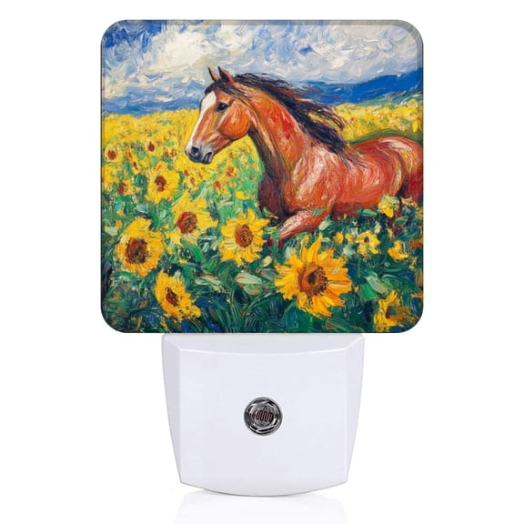 Square LED Night Lights Lamp with Dusk to Dawn Sensor, Gorgeous Sunflower - Field Horse Night Light Plug Into Wall for Kids Room, Bedroom, Bathroom, Kitchen, Hallway