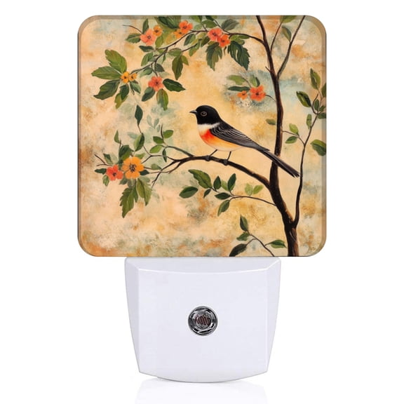 Square LED Night Lights Lamp with Dusk to Dawn Sensor, Graceful Bird On Blossoming Twig Night Light Plug Into Wall for Kids Room, Bedroom, Bathroom, Kitchen, Hallway