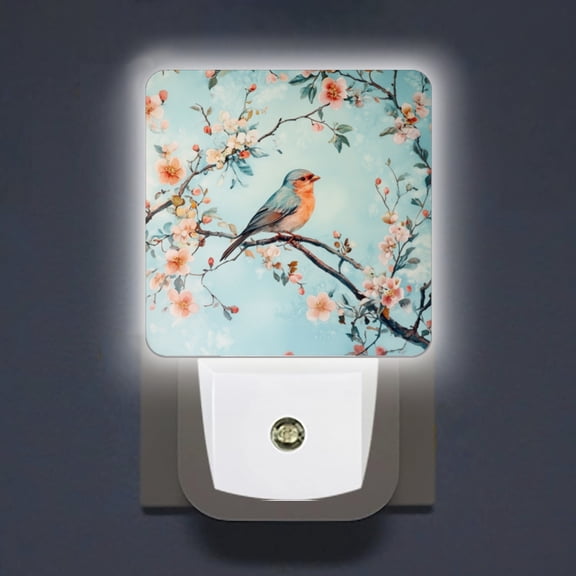 Square LED Night Lights Lamp with Dusk to Dawn Sensor, Lovely Bird Perched On Branches Full Of Pink Flowers Night Light Plug Into Wall for Kids Room, Bedroom, Bathroom, Kitchen, Hallway