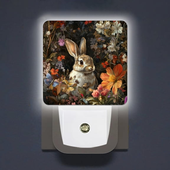 Square LED Night Lights Lamp with Dusk to Dawn Sensor, Lovely Rabbit Surrounded By Colorful Flowers Night Light Plug Into Wall for Kids Room, Bedroom, Bathroom, Kitchen, Hallway
