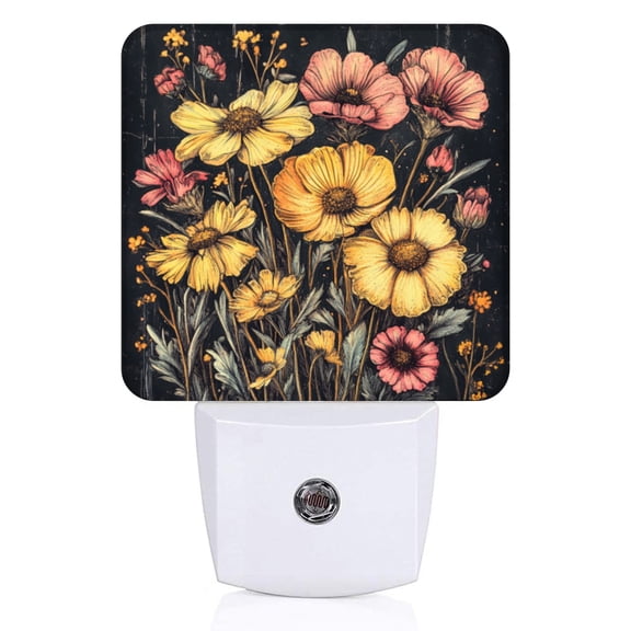 Square LED Night Lights Lamp with Dusk to Dawn Sensor, Lush Flower Bunch In Monochrome - Contrast Night Light Plug Into Wall for Kids Room, Bedroom, Bathroom, Kitchen, Hallway