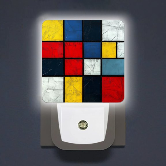 Square LED Night Lights Lamp with Dusk to Dawn Sensor, Mondrian'S Cold Abstract Art Night Light Plug Into Wall for Kids Room, Bedroom, Bathroom, Kitchen, Hallway