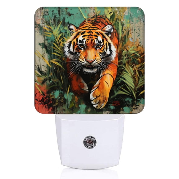 Square Light Sensor of LED Night Light, Orange And Black Tiger With Sharp Eyes Night Light Plug Into Wall for Kids Room, Bedroom, Bathroom, Kitchen, Hallway