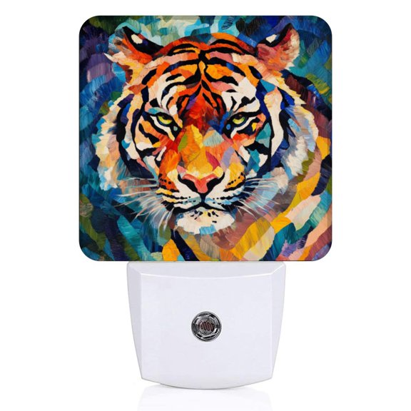 Square Light Sensor of LED Night Light, Pointillism And Patchwork Art Style Tiger Night Light Plug Into Wall for Kids Room, Bedroom, Bathroom, Kitchen, Hallway