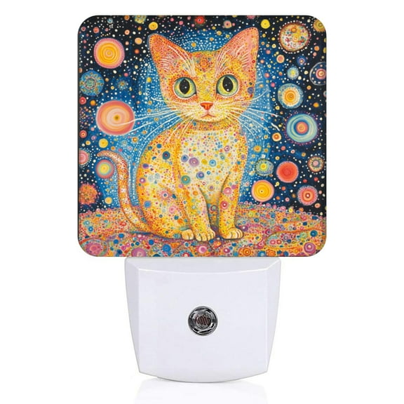 Square LED Night Lights Lamp with Dusk to Dawn Sensor, Pointillist Cat Painting Night Light Plug Into Wall for Kids Room, Bedroom, Bathroom, Kitchen, Hallway