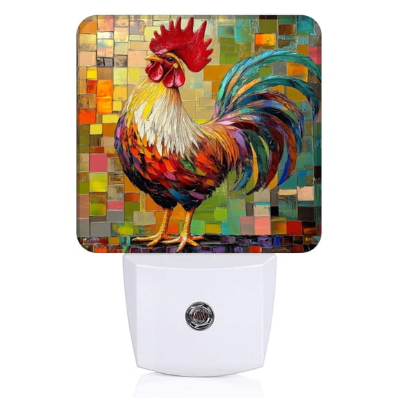 Square LED Night Lights Lamp with Dusk to Dawn Sensor, Red Comb Rooster In Mosaic Style Night Light Plug Into Wall for Kids Room, Bedroom, Bathroom, Kitchen, Hallway