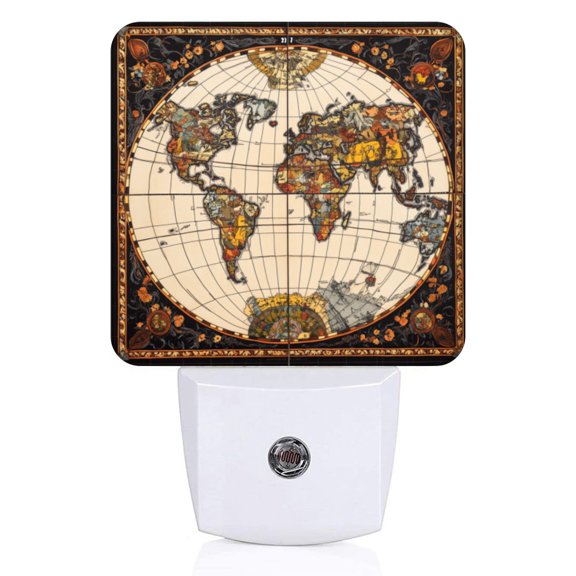 Square LED Night Lights Lamp with Dusk to Dawn Sensor, Retro Style Round World Map Night Light Plug Into Wall for Kids Room, Bedroom, Bathroom, Kitchen, Hallway