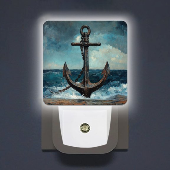 Square LED Night Lights Lamp with Dusk to Dawn Sensor, Rusty Anchor On The Crashing Waves Night Light Plug Into Wall for Kids Room, Bedroom, Bathroom, Kitchen, Hallway
