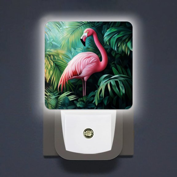 Square LED Night Lights Lamp with Dusk to Dawn Sensor, Serene Flamingo In Foliage Night Light Plug Into Wall for Kids Room, Bedroom, Bathroom, Kitchen, Hallway