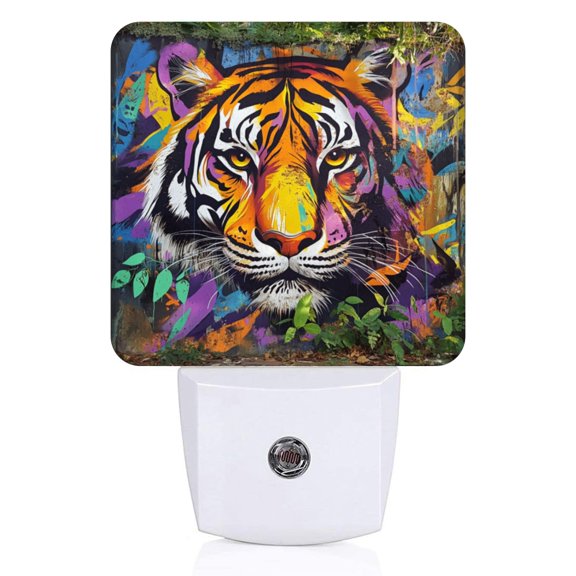 Square LED Night Lights Lamp with Dusk to Dawn Sensor, Street Graffiti Art Tiger Night Light Plug Into Wall for Kids Room, Bedroom, Bathroom, Kitchen, Hallway