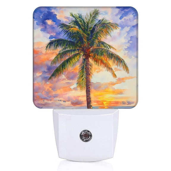 Square Light Sensor of LED Night Light, Sunset - Kissed Watercolor Palm Night Light Plug Into Wall for Kids Room, Bedroom, Bathroom, Kitchen, Hallway