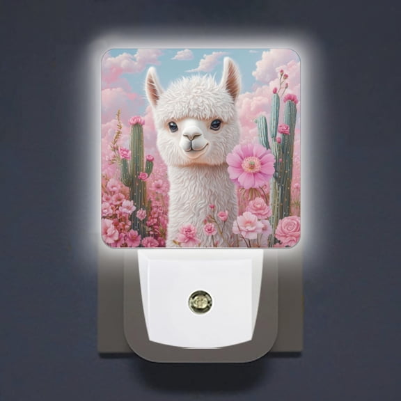 Square LED Night Lights Lamp with Dusk to Dawn Sensor, White Alpaca With Flocky Hair And Big Eyes Night Light Plug Into Wall for Kids Room, Bedroom, Bathroom, Kitchen, Hallway
