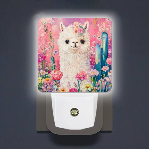 Square LED Night Lights Lamp with Dusk to Dawn Sensor, White Alpaca Wearing Garland Night Light Plug Into Wall for Kids Room, Bedroom, Bathroom, Kitchen, Hallway