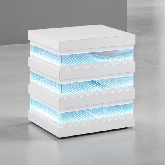 Square LED Side Table with Bluetooth Speaker & Wireless Charging, Modern Glass Top Nightstand with USB Port & 7 Color Lights for Living Room