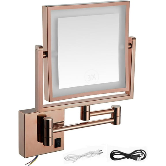 Square LED Wall Mounted Makeup Mirror with 3X Magnification, Double Sided 8 Inch Brass Vanity Mirror with Swivel Extendable Arm, USB or Hardwired Bathroom Mirror,USB Plug,Rose Gold