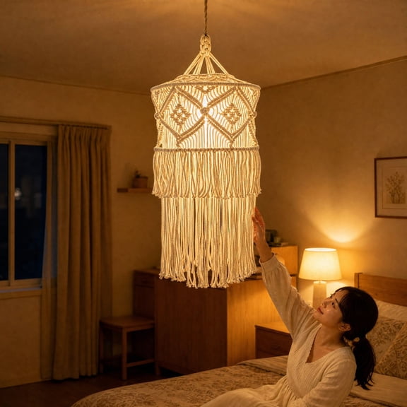 Square Lantern Boho Macrame Tassel Lampshade, Woven Pendant Light Shade for Living Room, Bedroom, Dining Area, Entryway and Bohemian Home Lighting Decor, 27.56 Inch