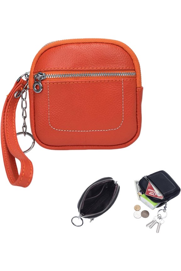 Square Leather Mini Card Wallet Coin Purse, Portable Small Zipper Change Pouch with Wrist Strap & Key Ring for Women (Orange)