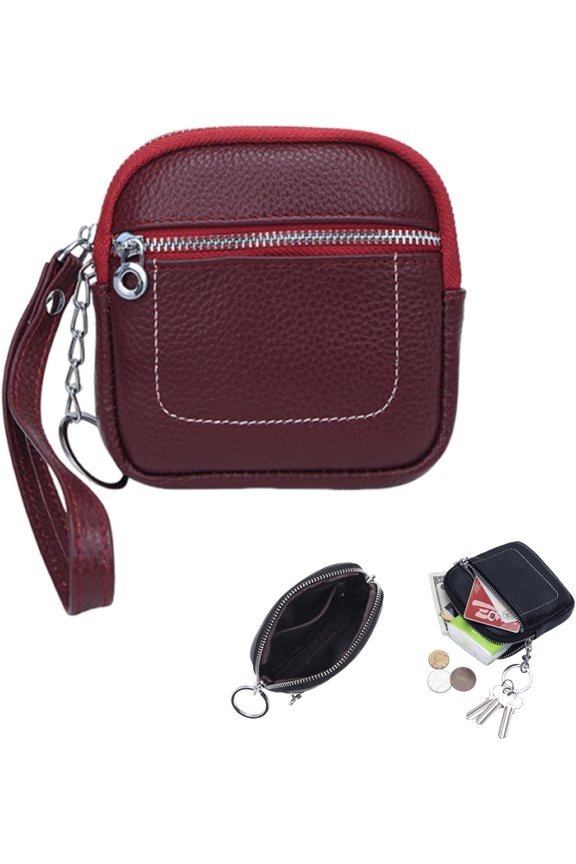 Square Leather Mini Card Wallet Coin Purse, Portable Small Zipper Change Pouch with Wrist Strap & Key Ring for Women (Wine Red)
