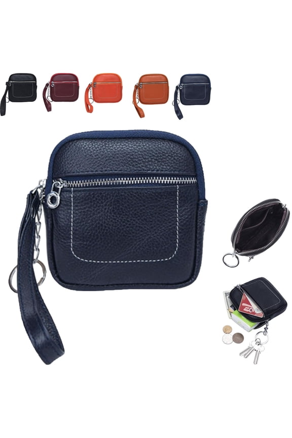 Square Leather Mini Card Wallet Coin Purse, Portable Small Zipper Change Pouch with Wrist Strap & Key Ring for Women