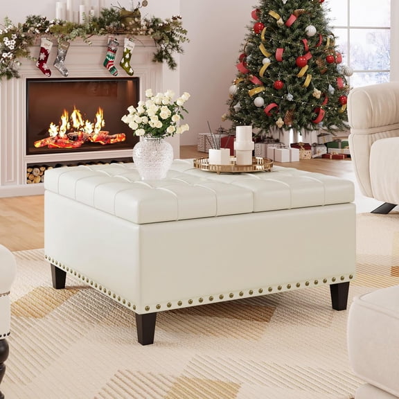 Square Leather Ottoman with Storage, Faux Leather Coffee Table with Lift Top,Large Upholstered Footrest Stool Toy Box Storage Bench for Bedroom Living Room, Ivory White