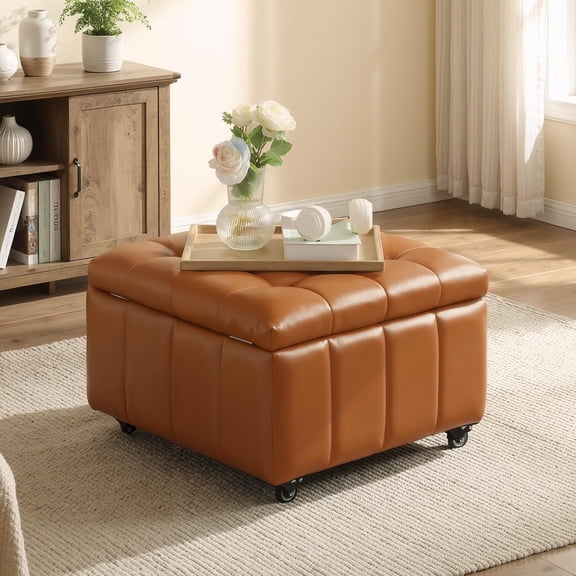 Square Leather Ottoman with Storage and Wheels,360°Rolling ottoman,Faux Leather Flip Top Storage Footstool Coffee Table, Rolling Upholstered Storage Ottoman for Living Room Entryway Bedroom (Brown)