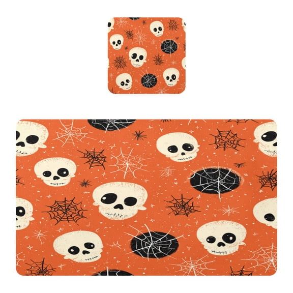 Square Leather Placemat Set One SizeX1 Heat-Resistant Washable Kitchen Table Decorations Cartoon Skulls and Cobwebs