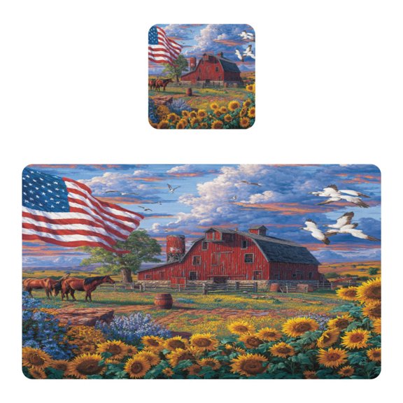 Square Leather Placemat Set One SizeX1 Heat-Resistant Washable Kitchen Table Decorations Farmland Oil Painting Pattern