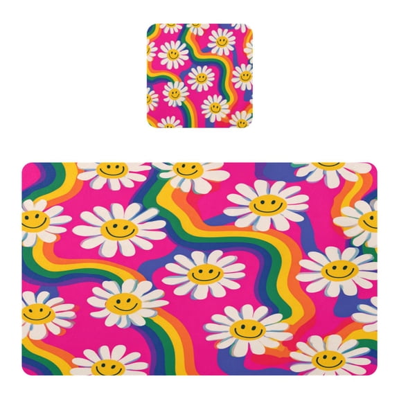 Square Leather Placemat Set One SizeX1 Heat-Resistant Washable Kitchen Table Decorations Groovy Daisies with Smiley Faces
