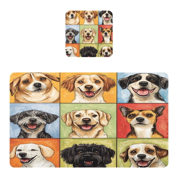 Square Leather Placemat Set One SizeX1 Heat-Resistant Washable Kitchen Table Decorations Nine-square Grid Dogs