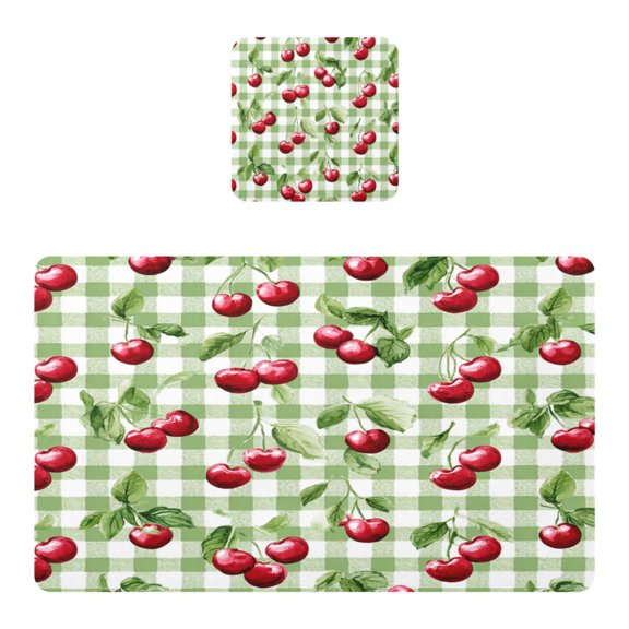 Square Leather Placemat Set One SizeX1 Heat-Resistant Washable Kitchen Table Decorations Pale Green Cherry Painting