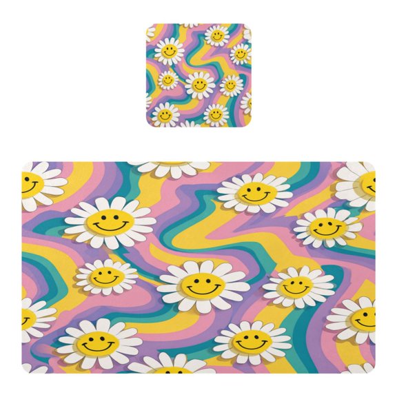 Square Leather Placemat Set One SizeX1 Heat-Resistant Washable Kitchen Table Decorations Smiley Faces on The Flowers