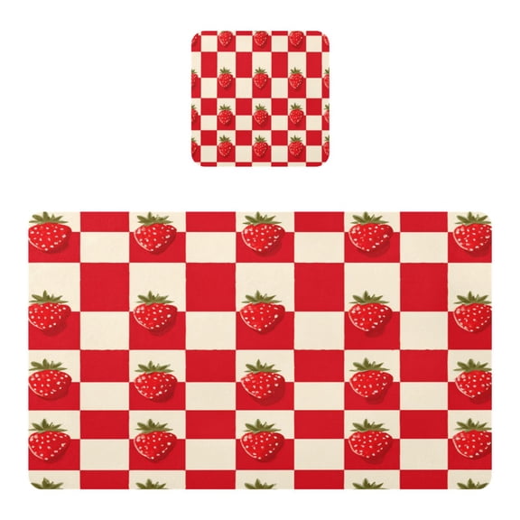 Square Leather Placemat Set One SizeX1 Heat-Resistant Washable Kitchen Table Decorations Strawberries Checkered Tablecloth