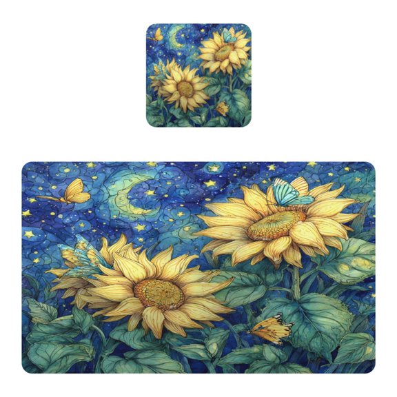 Square Leather Placemat Set One SizeX1 Heat-Resistant Washable Kitchen Table Decorations Sunflowers under The Starry Night
