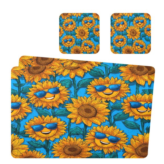 Square Leather Placemat Set One SizeX2 Heat-Resistant Washable Kitchen Table Decorations Blue Sunglasses Sunflowers