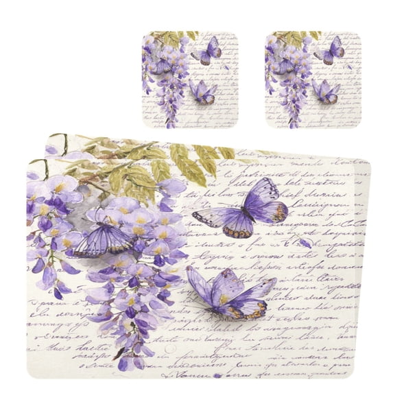 Square Leather Placemat Set One SizeX2 Heat-Resistant Washable Kitchen Table Decorations Butterflies and Wisteria Flowers