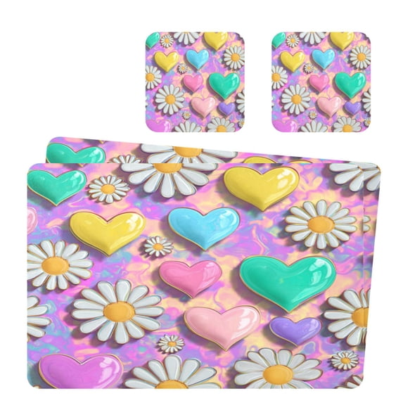 Square Leather Placemat Set One SizeX2 Heat-Resistant Washable Kitchen Table Decorations Cute Daisies and Hearts