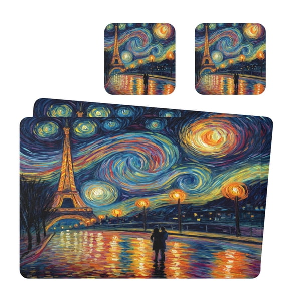 Square Leather Placemat Set One SizeX2 Heat-Resistant Washable Kitchen Table Decorations Eiffel Tower under The Stars