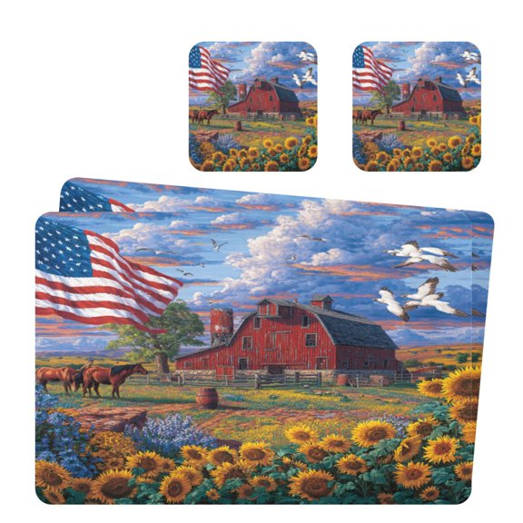 Square Leather Placemat Set One SizeX2 Heat-Resistant Washable Kitchen Table Decorations Farmland Oil Painting Pattern