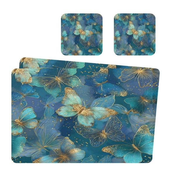 Square Leather Placemat Set One SizeX2 Heat-Resistant Washable Kitchen Table Decorations Gold and Teal Butterflies