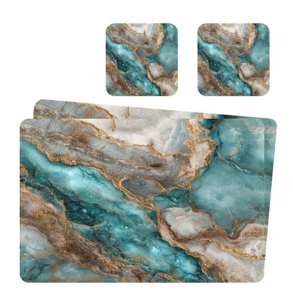 Square Leather Placemat Set One SizeX2 Heat-Resistant Washable Kitchen Table Decorations Turquoise and Gold Marble