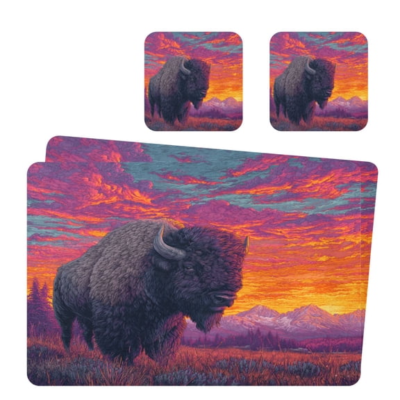 Square Leather Placemat Set One SizeX2 Heat-Resistant Washable Kitchen Table Decorations Yak in The Sunset