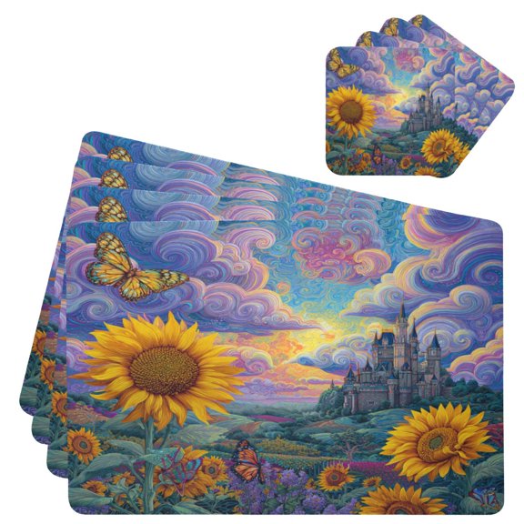 Square Leather Placemat Set One SizeX4 Heat-Resistant Washable Kitchen Table Decorations Castle and Beautiful Garden