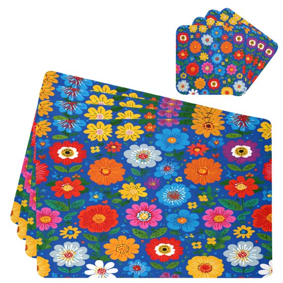Square Leather Placemat Set One SizeX4 Heat-Resistant Washable Kitchen Table Decorations Colorful Little Flowers