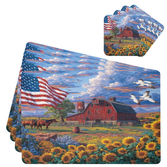 Square Leather Placemat Set One SizeX4 Heat-Resistant Washable Kitchen Table Decorations Farmland Oil Painting Pattern